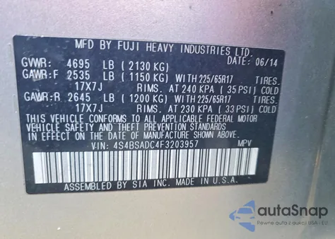 2015 Subaru Outback 2.5I Premium z USA, uszkodzony, nr VIN 4S4BSADC4F3203957